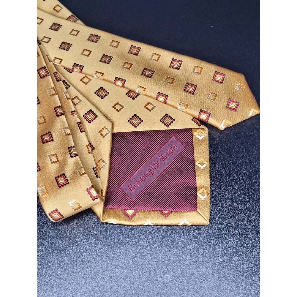 Ermenegildo Zegna Men's‎ Necktie Gold Burgundy Geometric Excellent